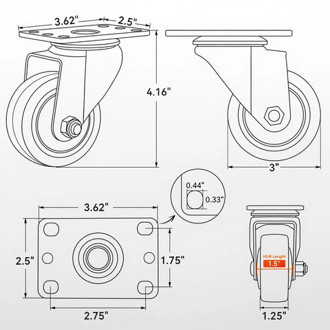 Heavy Duty Hauler With Ball Bearing Swivel And Hella Smooth Polyurethane Tread For Industrial And Home Use 3 Inch Top Plate Casters dimensions diagram