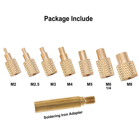 Seven Piece Heat Set Insert Tips Kit For Soldering Iron With Adapter, 900M T18 ST Series Compatible, M2 to M8 brass tips