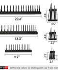 Six Piece Socket Organizer Tray Set For One Quarter Three Eighths And One Half Inch Drives displayed with dimensions and color