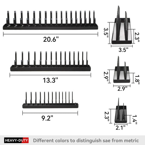 Six Piece Socket Organizer Tray Set For One Quarter Three Eighths And One Half Inch Drives displayed with dimensions and color