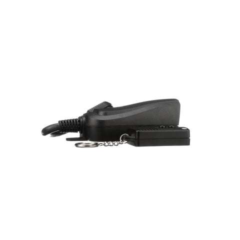Side view of Weatherproof Outdoor Outlet Switch With Wireless Remote Controller, black color with keychain, for exterior use.