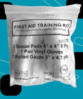 Front view of clear plastic MCR Medical first aid training kit bag with gauze, gloves, rolled gauze