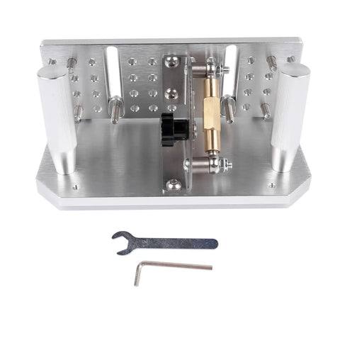 Badass Aluminum Alloy Belt Grinder Knife Jig With Hella Smooth Angle Adjustment And Heavy Duty Dual Press Plates on a workbench.