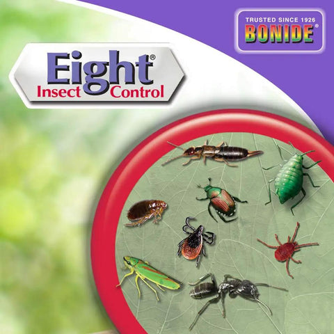 Various insects on leaf background with Eight Insect Control logo, featuring mosquitoes, beetles, fleas, and ticks