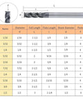 Carbide square end mill set, 5/32 in diameter, 4-flute, micro-grain carbide bits; front view with size chart diagram