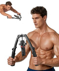 Mymus CoreFlex Twister Pro Hydraulic Chest Press And Ab Roller Wheel Set Adjustable Resistance Arm Exerciser 22 To 440lbs in use by a muscular man.