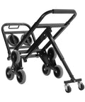 Foldable Hand Truck With Triangular Three Wheel Design For Heavy Duty Lifts Up To 550 Lbs Dual Purpose Cart For Flat Surfaces And Stairs Large Carry Base 12.99 By 15.55 Inches Easy Fold Rugged Utility Dolly, black steel frame with six wheels