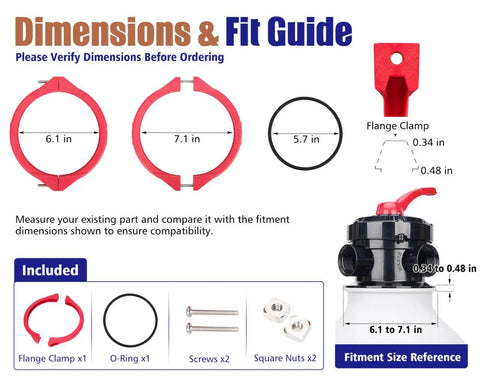 Heavy Duty Red Sand Filter Flange Clamp Kit With O Ring Screws And Nuts For Pool Spa System Tank Replacement Valve Assembly dimensions guide
