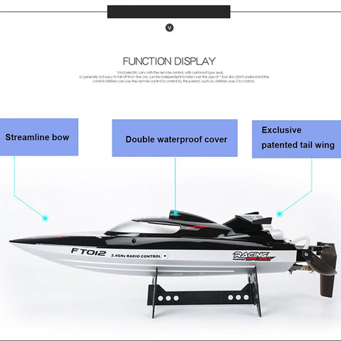 Eighteen Inch Brushless RC Speed Boat With Two Four GHz Remote Control Four Wheel Drive Watercraft with streamline bow.