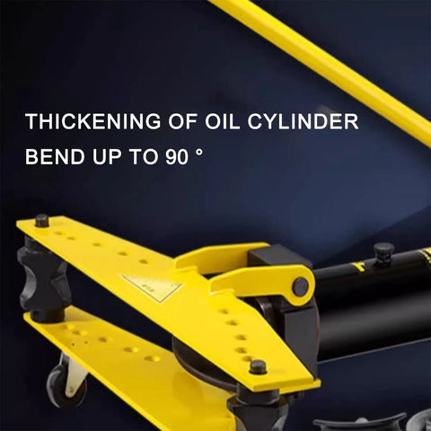 Heavy Duty Manual Hydraulic Pipe Bender With Six Tough Ductile Iron Molds For Rock Solid Tubing Fabrication And No Sweat Professional Construction Work showing thickened oil cylinder and bending feature.