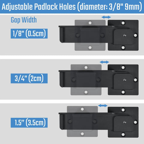 Three views of Seven Point Five Inch Flip Gate Latch Lock With Padlock Holes 2 Pack highlighting adjustable gap widths.