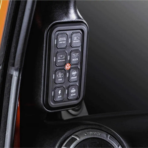 Jeep Wrangler JK 2007 2018 8 Gang A Pillar Switch Panel System For 12V Accessories mounted inside vehicle