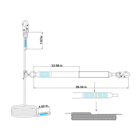 Heavy Duty Fifty Foot Vertical Lifeline Assembly With Rock Solid Alloy Steel Rope Grab And Shock Absorbing Lanyard For Roofer Fall Arrest Safety Kit Fully Osha Approved dimensions diagram
