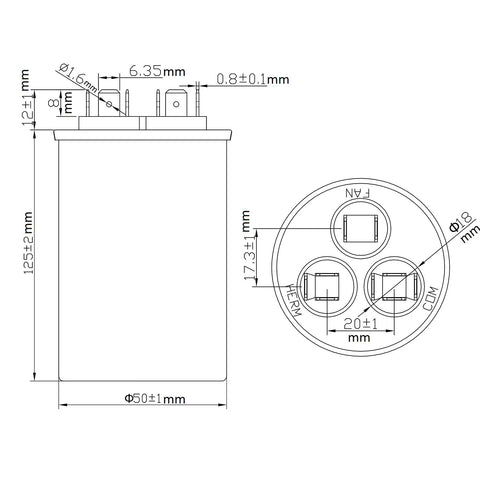 Engineering diagram of 45 Plus 5 MFD Dual Run Capacitor For Air Conditioner And Heat Pump, 370 440 VAC, CBB65 Round Design