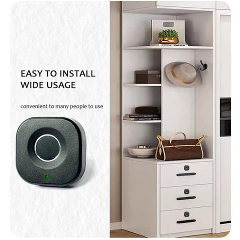 Smart Biometric Cabinet Lock With Fingerprint Access And Bluetooth App Control shown on white cabinet