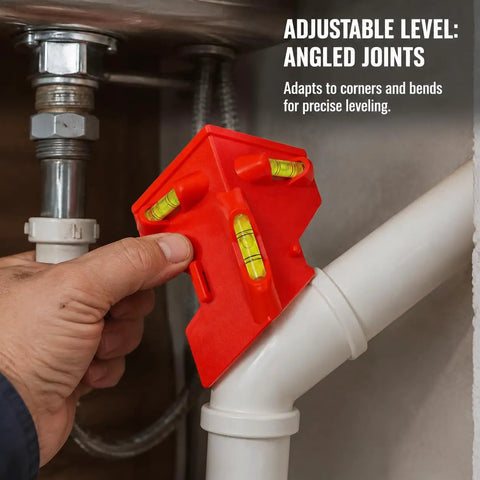 Spirit Level, Foldable Pipe, Adjustable Angle Pipe Corner Gauge held at a pipe corner for precise leveling.