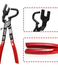 Covzoe exhaust hanger removal pliers with red handles and curved fork jaw, plus four-piece rubber hanger kit.