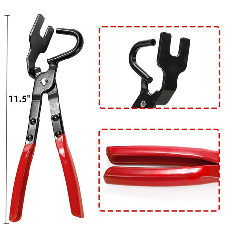 Covzoe exhaust hanger removal pliers with red handles and curved fork jaw, plus four-piece rubber hanger kit.