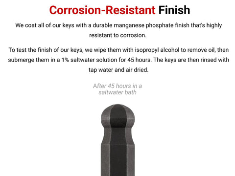 Corrosion-resistant finish on Ball End Hex L Key Set 28 Piece With Inch And Metric Sizes High Leverage Hex Keys in saltwater test.
