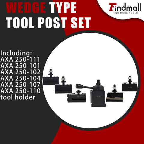 AXA 6-Piece Wedge Type Quick Change Lathe Tool Post Set Pro Grade Built For Precision Boring And Facing; tools lined up