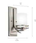 Hendrik 12 Inch Wall Sconce in Brushed Nickel with Satin Etched Cased Opal Glass, side view with measurements
