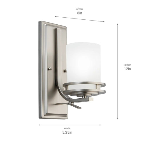 Hendrik 12 Inch Wall Sconce in Brushed Nickel with Satin Etched Cased Opal Glass, side view with measurements