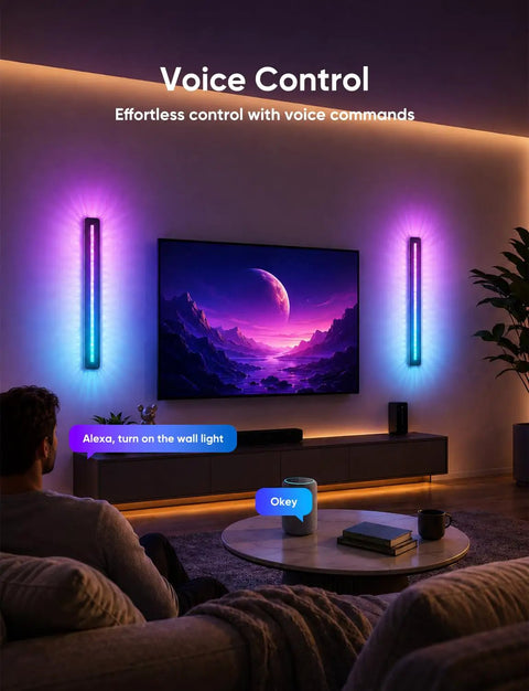 APPECK LED Wall Light 1 Pack, 15.8 Inch Plug in Wall Sconce RGBCW, Dimmable wall sconce glowing beside a TV during a cozy setting.