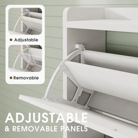 Space Saving Shoe Cabinet With Two Flip Drawers And Adjustable Shelf, narrow white shoe organizer detail showing adjustable panels