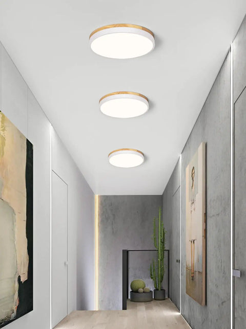 Modern Wood Trim LED Ceiling Light Fixture Sleek Round Flush Mount Not Dimmable 4000K Neutral White Glow in hallway interior