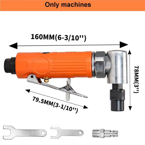 90 Degree Air Angle Die Grinder Quarter Inch Shank 25000 RPM Pneumatic Right Angle with orange grip and attached wrench