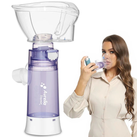 Inhaler Spacer For Adults With Silicone Mask No Fuss Anti Static Chamber And Exhalation Valve by woman inhaling