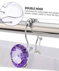 Purple Stainless Steel Shower Curtain Rings Set With Rust Resistant Double Hooks For Slick Glide And Easy Hanging Of Curtain And Liner, Decorative Rhinestone Bathroom Hooks in use on rod