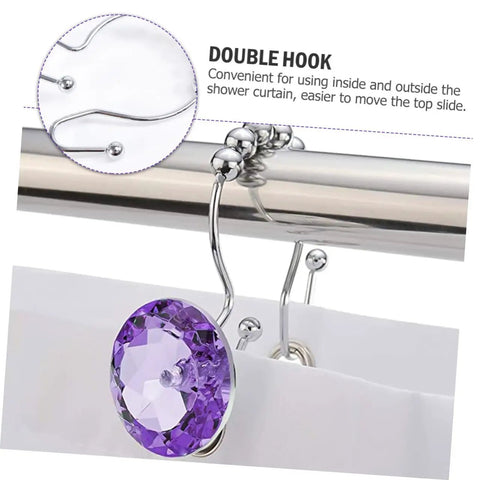 Purple Stainless Steel Shower Curtain Rings Set With Rust Resistant Double Hooks For Slick Glide And Easy Hanging Of Curtain And Liner, Decorative Rhinestone Bathroom Hooks in use on rod