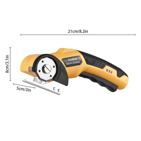Boss Grade Cordless Electric Scissors For Cardboard Boxes, Rechargeable Rotary Cutter Slides Through Carpet And Plastic, No Sweat 4V Power Tool With Fast Charge Cable And Carry Pouch, 21cm length, ergonomic handle.