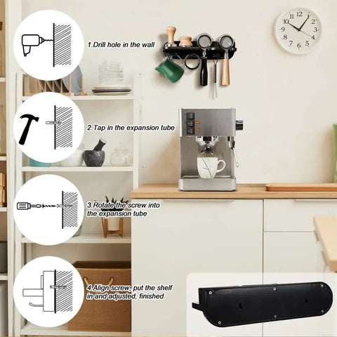 Wall Mounted Espresso Tamper Holder And Coffee Station Organizer With 54mm Portafilter Storage Rack for barista setup.