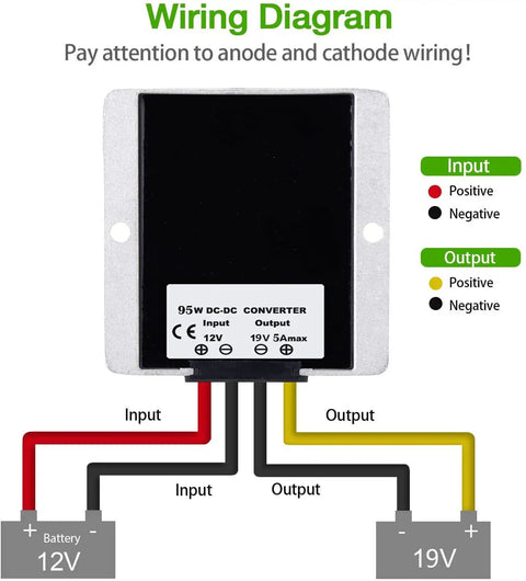 Wiring diagram for DC Boost Converter From 12V To 19V Up To 5A 95W Power Supply Module with input and output connections.