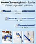 Electric Spin Scrubber With Long Handle Cordless Power Brush showing 3 adjustable lengths and cleaning angles for bathroom surfaces.
