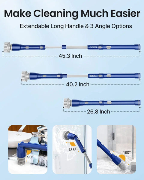 Electric Spin Scrubber With Long Handle Cordless Power Brush showing 3 adjustable lengths and cleaning angles for bathroom surfaces.