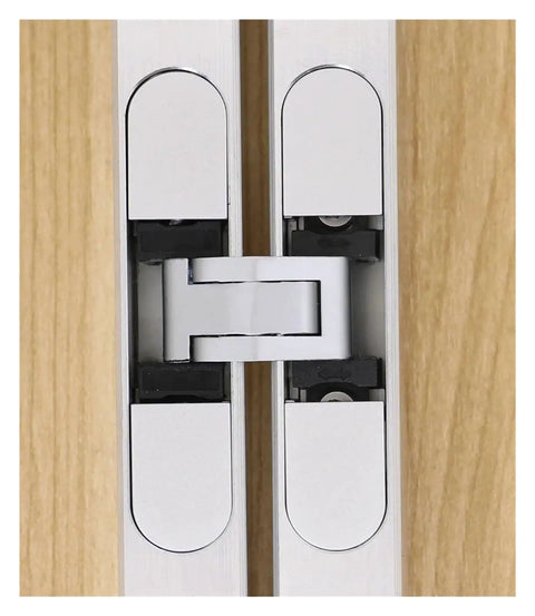 Close-up of Three Way Adjustable Concealed Cabinet Hinge HES3D 70 on wood with no visible hardware, one color finish