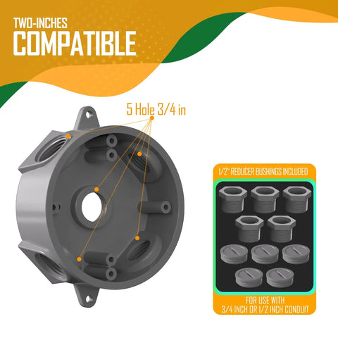 Weatherproof Round Electrical Outlet Box for One Half Inch or Three Quarter Inch Conduit, Five Hole Mount, Includes Reducer Bushings and Closure Plugs, UL Listed, Gray PVC Construction, Built Tough for Outdoor Junctions, Lampholders, and Lighting. 5-hole 3/4 in round gray PVC outlet box with 1/2 in reducer bushings