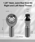 Heavy Duty 1.25 Inch Chromoly Heim Joint Rod End Kit With Right And Left Hand Threads showing dimensions and metallic finish.