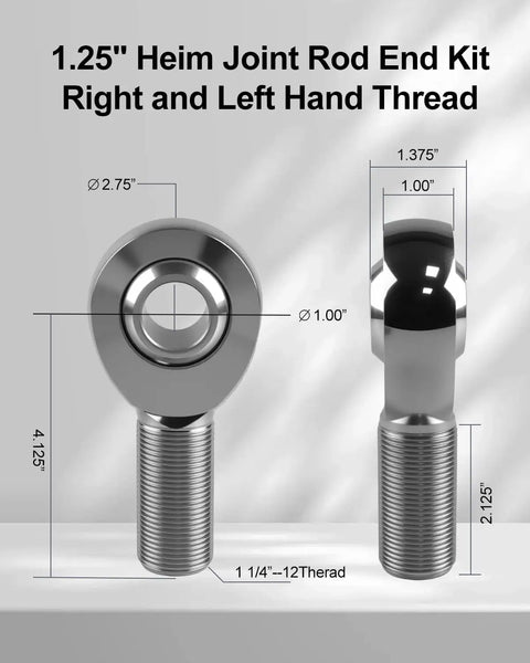 Heavy Duty 1.25 Inch Chromoly Heim Joint Rod End Kit With Right And Left Hand Threads showing dimensions and metallic finish.