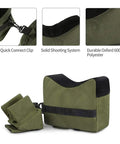 Front And Rear Rest Bags With Unfilled Sandbags For A Beefy Sandbag Stand System Stable Aiming Platform For Shooting And Training Fits Most Models Army Green Front And Rear Bags, 600D polyester, connector clip visible.