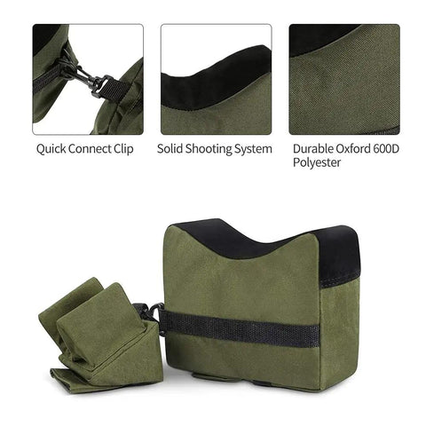 Front And Rear Rest Bags With Unfilled Sandbags For A Beefy Sandbag Stand System Stable Aiming Platform For Shooting And Training Fits Most Models Army Green Front And Rear Bags, 600D polyester, connector clip visible.