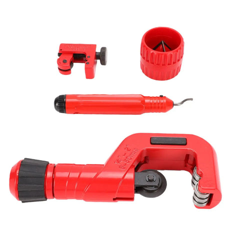 4-Piece Tubing Cutter Kit with Ergonomic Handles and Deburring Tool for clean cuts on copper, aluminum, stainless steel, PVC pipes.