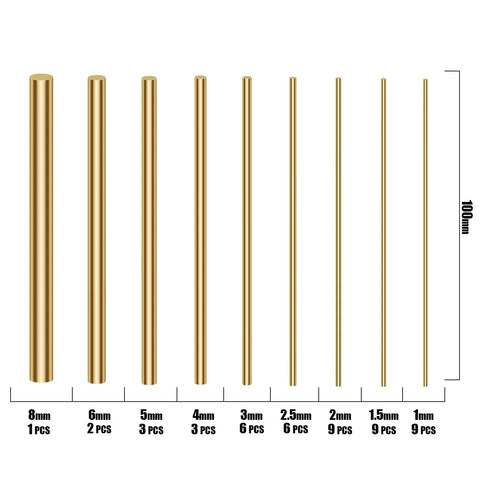 Brass Round Rods Kit 1mm To 8mm Diameters 100mm Length 48 Pieces For DIY Crafting Knife Making Pins And Handle Pins Lathe Bar Stock Golden Brass Rods Bundle.