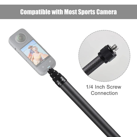 Carbon Fiber Selfie Stick With Telescopic Shaft Reaches Near Fifty Nine Inches showing 1/4 inch screw connection for action cams.