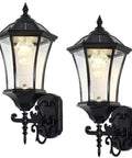 Solar Wall Lantern Outdoor Wireless Dusk To Dawn Light With 21 Inch Large LED Wall Sconce Fixture In Clear Glass And Aluminum Housing Two Pack