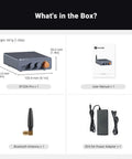 Contents of BT20A Pro Bluetooth 5.0 Amplifier box, including amplifier, Bluetooth antenna, user manual, and power adapter