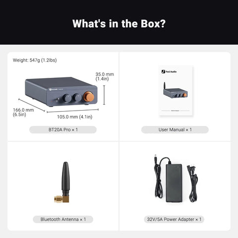 Contents of BT20A Pro Bluetooth 5.0 Amplifier box, including amplifier, Bluetooth antenna, user manual, and power adapter